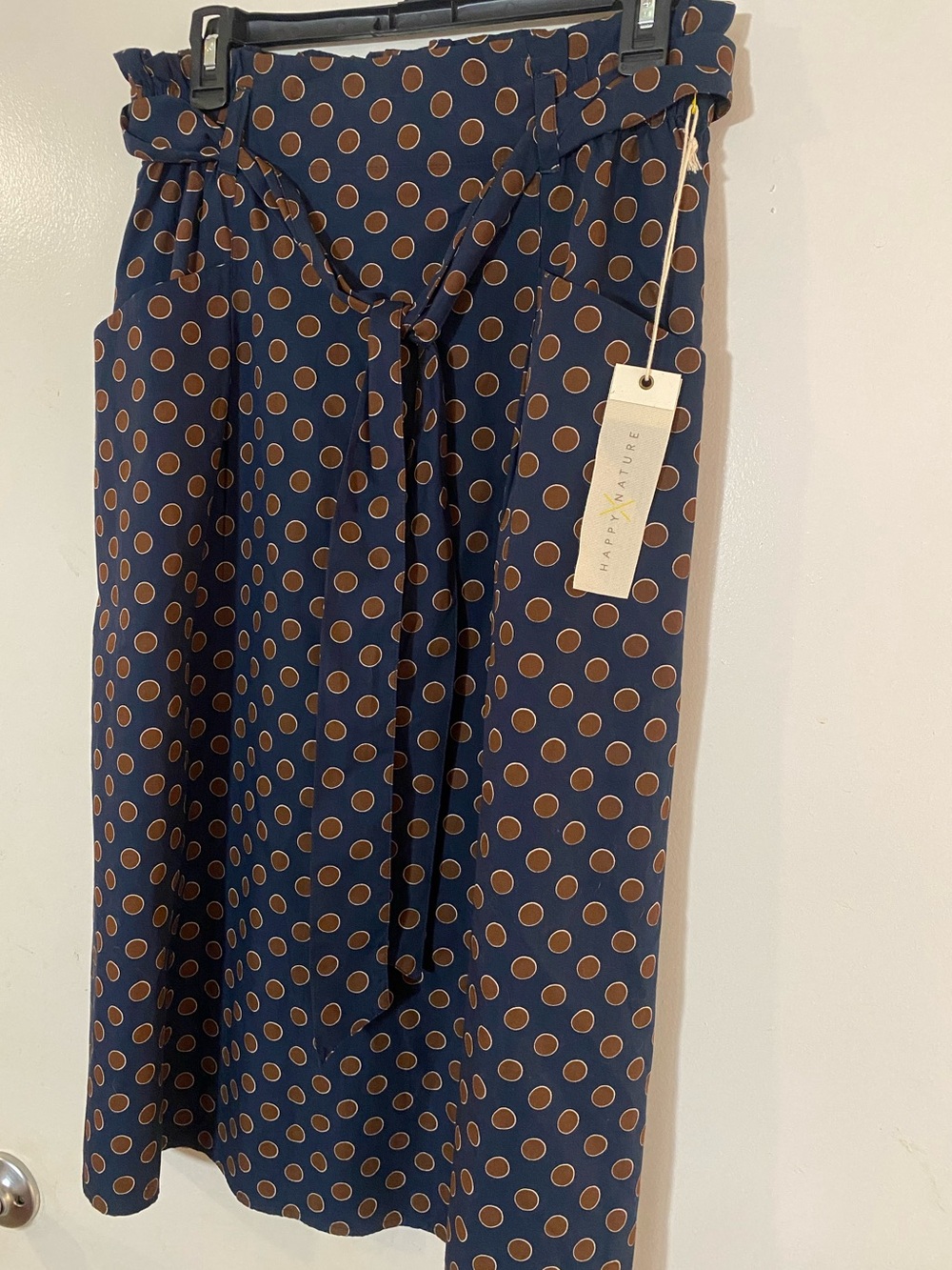 Midi Paperbag Waist Skirt in Navy with Brown Polka Dots